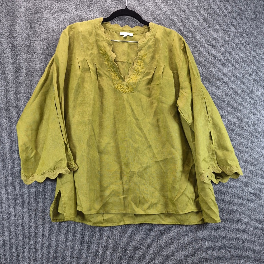 Calme Johnny Was Linen Embroidered Blouse Large Olive Green Women